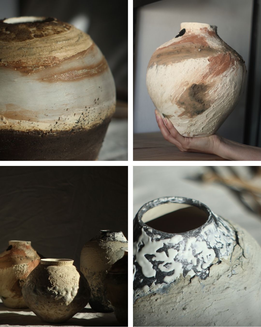 vasijas, tinajas y jarrones texturados para interiorismo, paisajismo y decoracion en ceramica artesanal